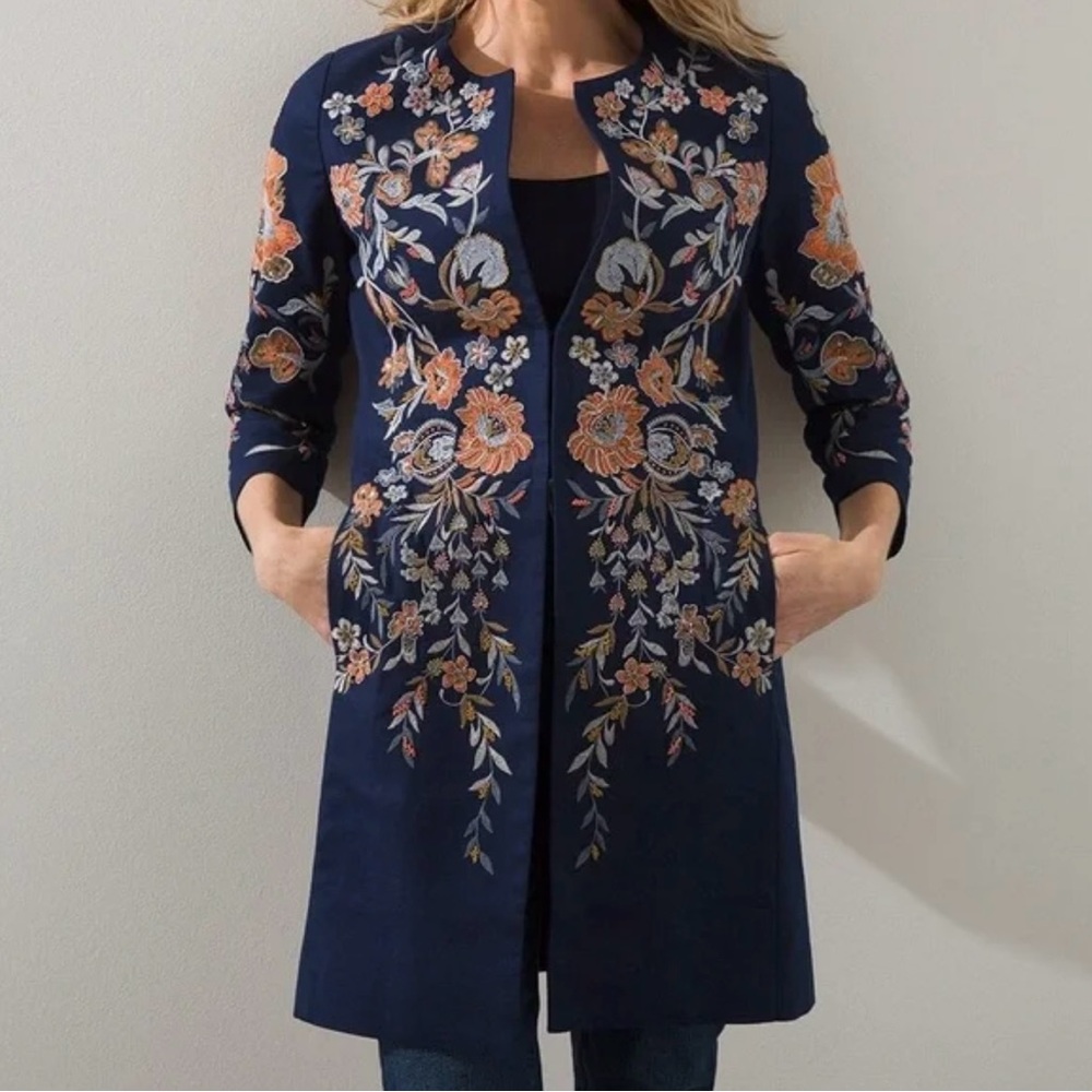 Chico's  2 US L  Embellished Edge To Edge Topper Y2K Royalty Floral Embroidery